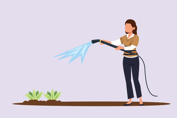 Fototapeta premium Happy woman caring about interior potted plants. Home gardening and growing houseplants concept. Colored flat vector illustration isolated. 