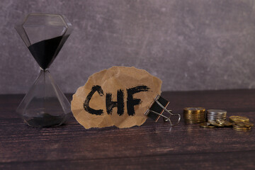 Wooden cubes with the inscription CHF and a cube symbolizing the rise and fall of financial markets