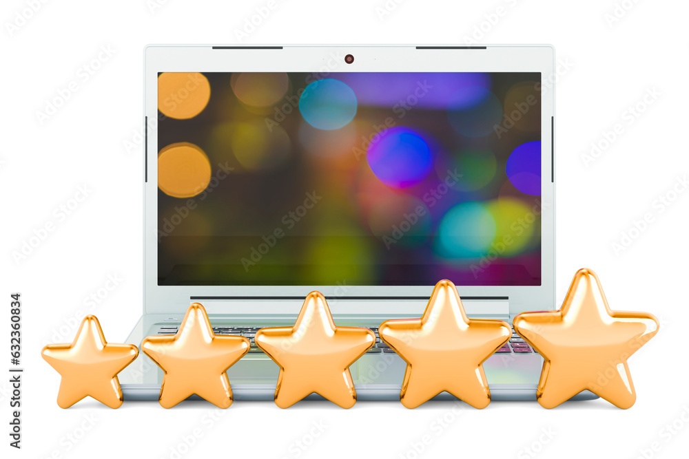 Poster laptop with opened display with five golden stars, 3d rendering