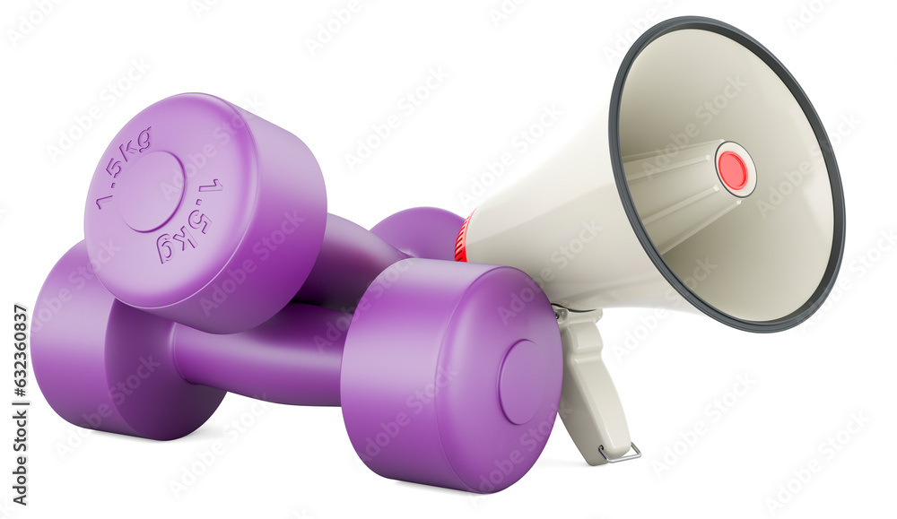 Poster neoprene dumbbells with megaphone. 3d rendering