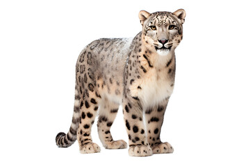Fototapeta premium Snow Leopard isolated on a transparent background. Animal right side view portrait.