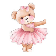 Fototapeta na wymiar Cute Teddy Bear ballerina watercolor ilustration