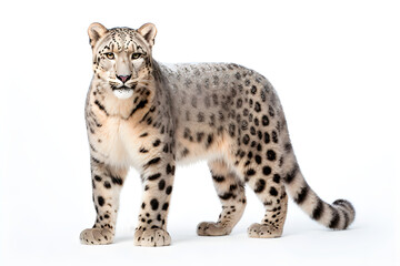 Snow Leopard isolated on a white background. Animal left side view portrait.