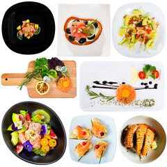 Assorted salmon dishes on a white background. High quality photo