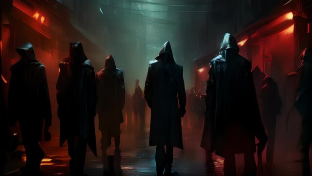 A group of shadowy figures lit by the glow of the rain and flickering monitors meeting in a hidden underground cyberpunk cyberpunk art