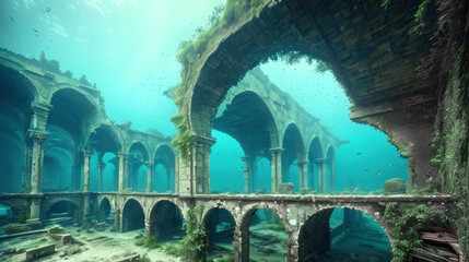 ruined architectural structures at the bottom of the ocean