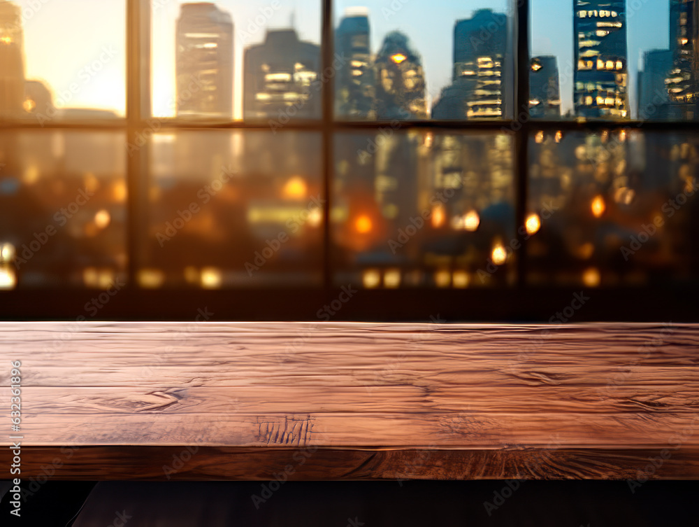 Poster empty wooden table and blurred view of city at night. for product presentation, mockup. generative a
