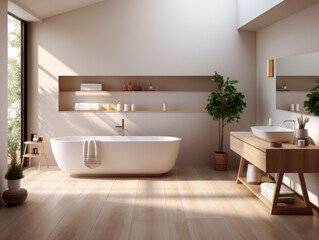 Fototapeta na wymiar Interior of modern bathroom with beige walls, wooden floor, white bathtub and wooden sink with towels. Generative AI