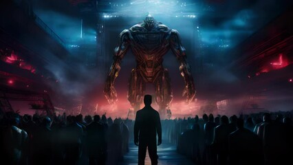 A tall intricately detailed robotic figure standing in front of an illuminated stage surrounded by a futuristic audience. cyberpunk art