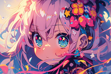 Young girl with cute hair in the style of realistic lighting kawaii  