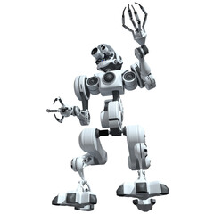 Full body bottom view of white android with 3 glasses on its head and pincers in its hands. 3D Illustration