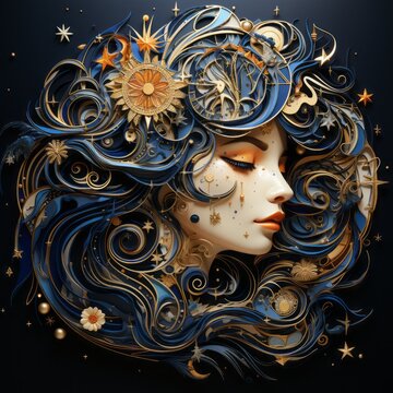 A sculpture of a goddess with a moon headdress and gold intricate details. Generative AI. 