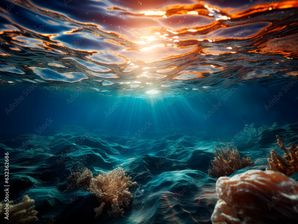 Poster underwater view of coral reef with sunlight. generative ai