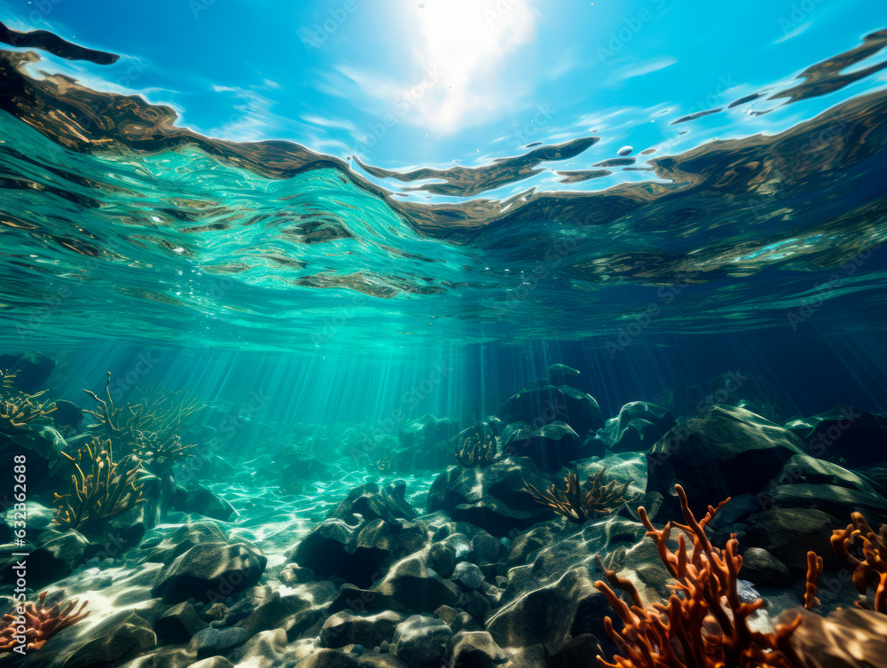 Aufkleber underwater view of the coral reef with fishes and rays of sunlight. generative ai