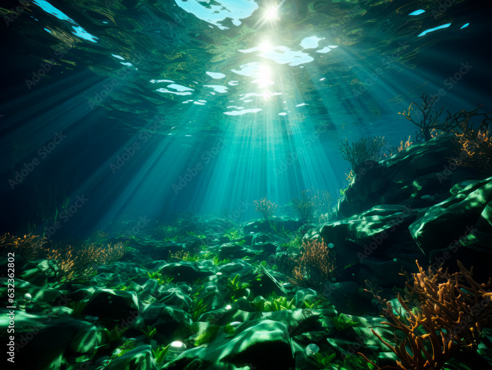 Poster underwater view of the coral reef with sunbeams and rays. generative ai