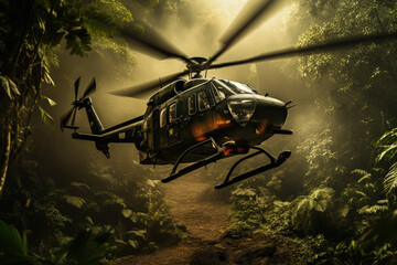 War helicopter flying over vietnam jungle, war concept. Generative AI