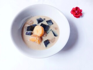 Kolak or Compote. The food is made from fruit mixed with coconut milk. Compote filled with bananas, kolang-kaling (palm fruit) and black grass jelly. Beverages. Delicious dessert