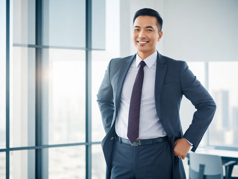 A successful businessman in a suit standing in the office smiling confidently