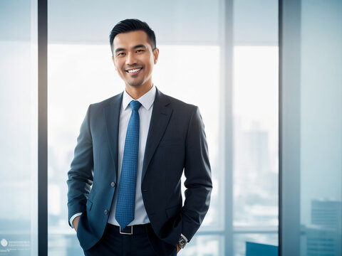A successful businessman in a suit standing in the office smiling confidently