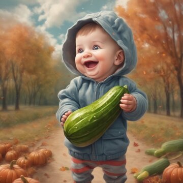 a smiling baby holding a cucumber in his hand looking at the cloudy autumn sky