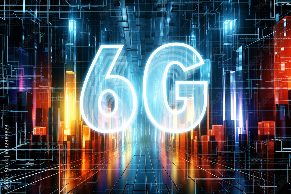 Poster 6g network sign over futuristic background. high speed internet concept. generative ai