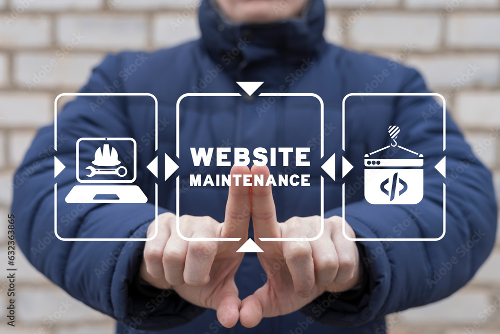 Aufkleber web programmer using virtual touch screen presses inscription: website maintenance. website under co