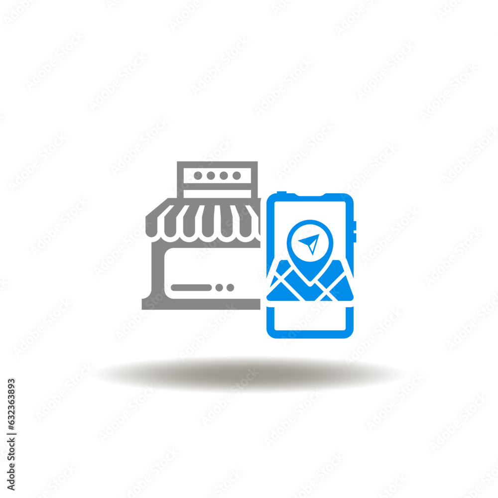 Poster vector illustration of store and smartphone with map, location pointer. icon of local seo. symbol of
