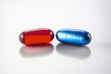 Red and blue pill on white background, decision making concept. Generative AI