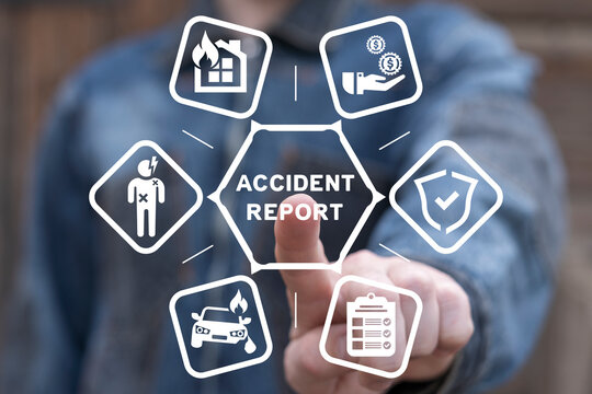 Man using virtual touch screen presses inscription: ACCIDENT REPORT. Concept of accident report. Claim injury compensation. Filling of accident report form.
