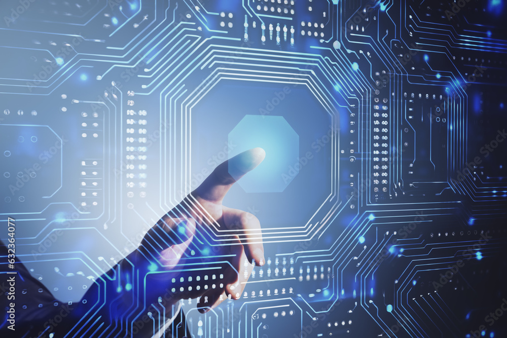 Poster close up of human hand touching circuit board on blurry background. technology concept. double expos