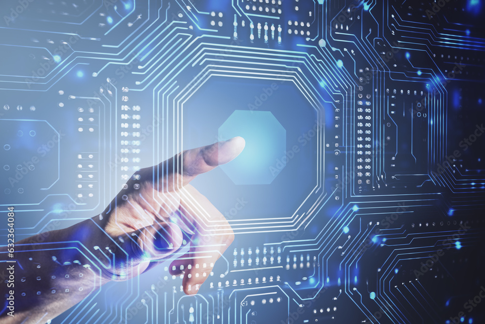 Poster Close up of businessman hand touching abstract digital circuit interface. Technology and innovation concept. Generative AI