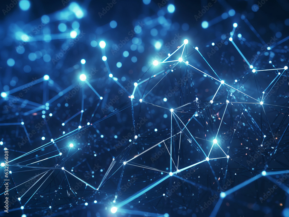 Poster Abstract polygonal space low poly dark background with connecting dots and lines. Connection structure. Generative AI