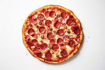 Pepperoni and cheese pizza on white background. Generative AI