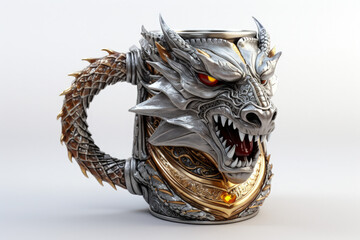 Mug in the shape of a dragon's face, made of silver with golden details, background. Generative AI