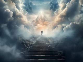 Foto op Plexiglas An individual journeys up the stairway to heaven, transcending mortality and entering the afterlife. Ascending through celestial clouds. Generative AI © Vagner Castro