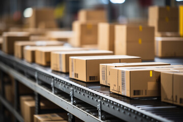 Cardboard boxes on a conveyor belt in a warehouse
