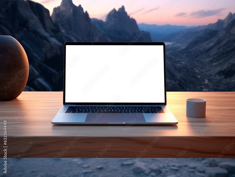 Poster laptop with blank screen on wooden table in front of mountains. generative ai