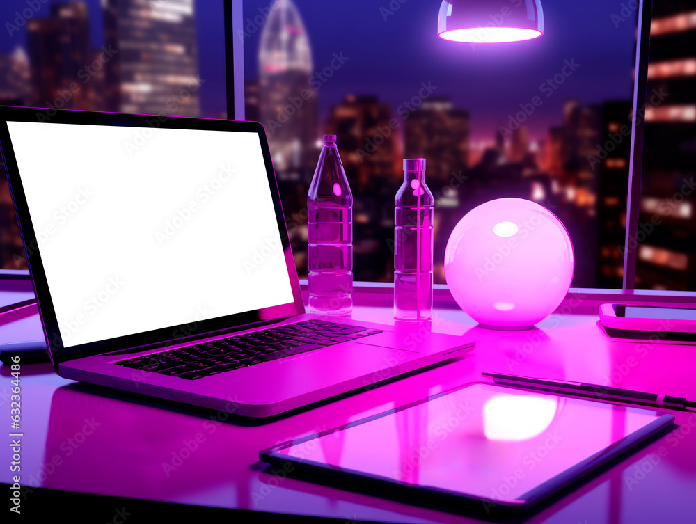 Poster laptop with blank screen on table in office at night. generative ai