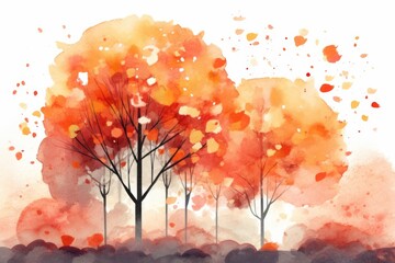 Bright Autumn trees, an orange backdrop, and fall leaves in a watercolor. Generative AI