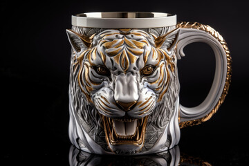 Mug with the face of a striped tiger, made of silver with golden details, background. Generative AI