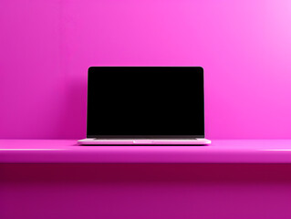 Laptop with blank screen on pink wall background. Generative AI
