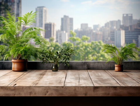 Wooden table top with green plant on the balcony with city view. Generative AI