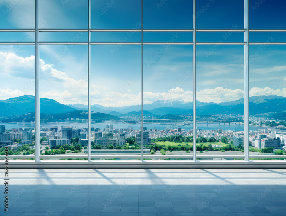 Poster Empty room with panoramic view of the city. Generative AI