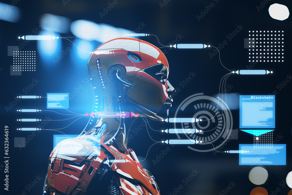 Poster Humanoid robot or cyborg working with virtual HUD interface. Double exposure. Generative AI