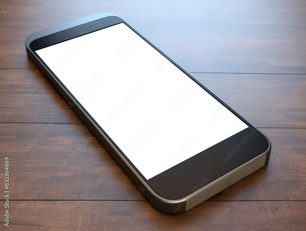 Poster smartphone with blank screen on wooden background. generative ai