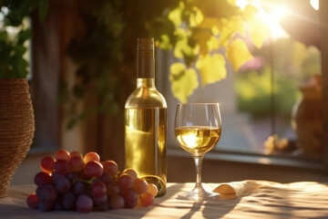 Obraz na płótnie Canvas Bottle of wine and grapes on the table with sunlight Generative AI