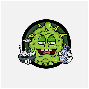 Weed Bud Mascot Cartoon Holding Cereals and Milk With Circle Logo. For Mascot Logo, Tshirt Design, Business, Cover, Label and Packaging Product.