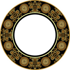 Vector gold imitation national Indian circle. Round pattern of indigenous peoples of America, Aztecs, Mayans, Incas. Native American ornament.