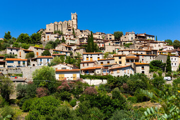 Fototapeta na wymiar Picturesque view of small French village Eus surrounded by trees on hill