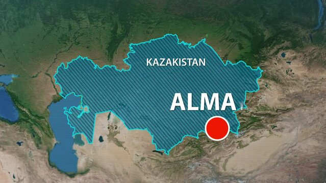 Designation of the borders country of Kazakhstan on the map and the mark of the location of the city of Almaty